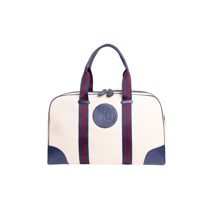 JOCOSA Club Carryall bag in ivory canvas with navy leather trim, navy and bordeaux striped handles and embossed leather logo.