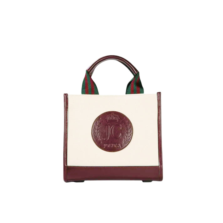 JOCOSA Club Tote in ivory canvas with bordeaux leather trim, green and bordeaux striped handles and embossed leather logo.