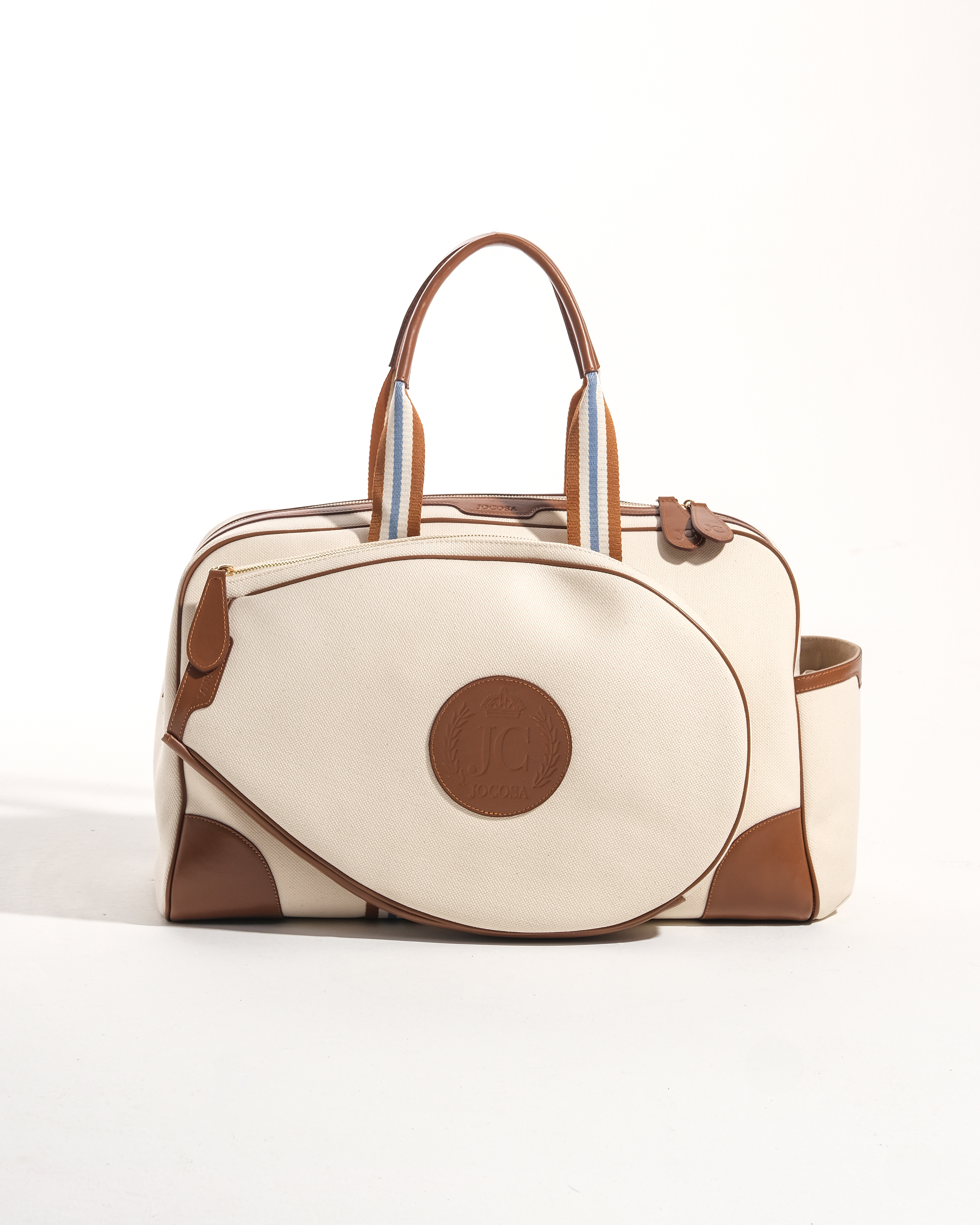 Tennis Bag - Ivory & Camel with White - Sky Blue Strap