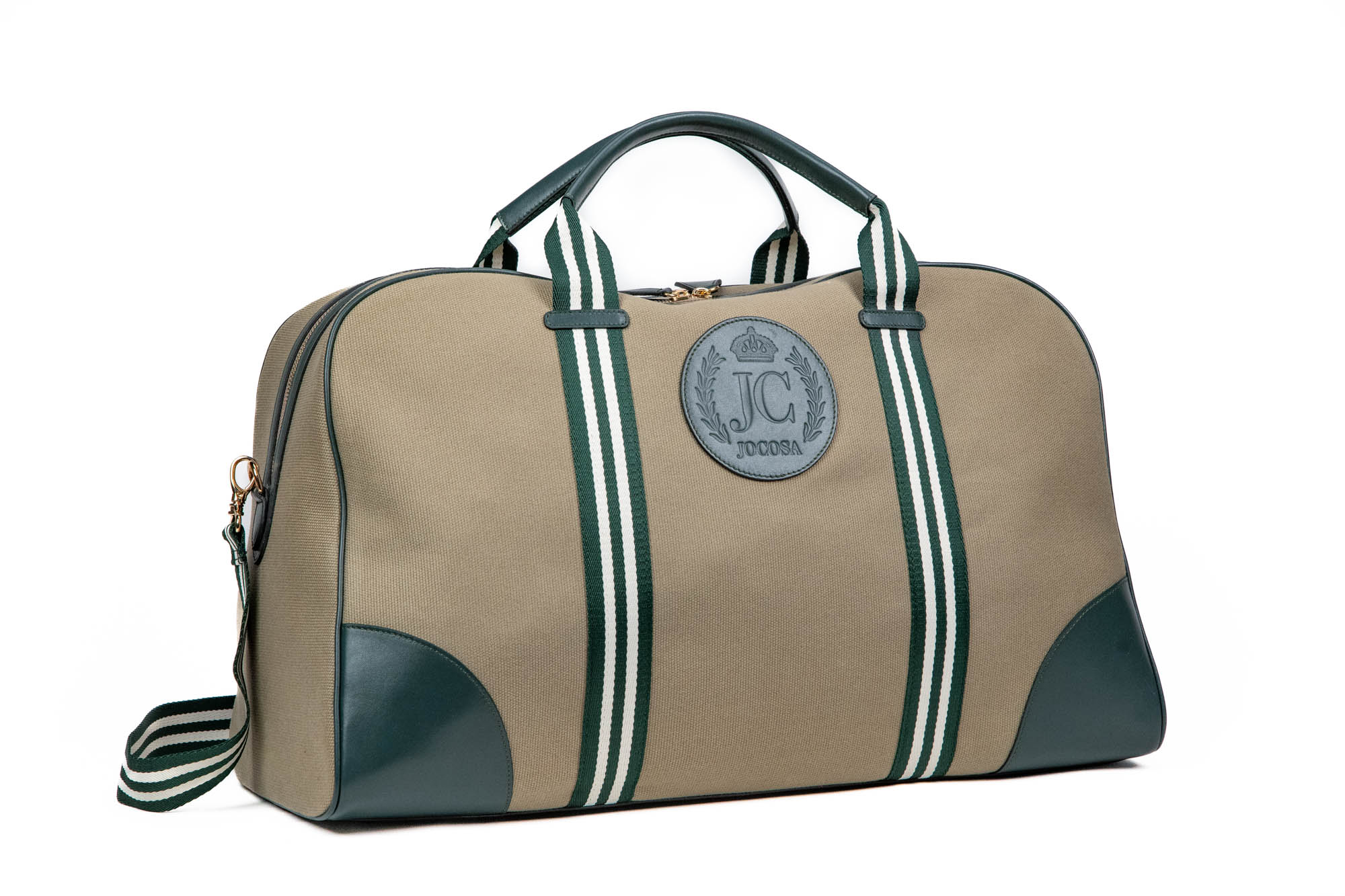 Khaki Canvas with Green Leather Trim and Green - White Stripe Straps