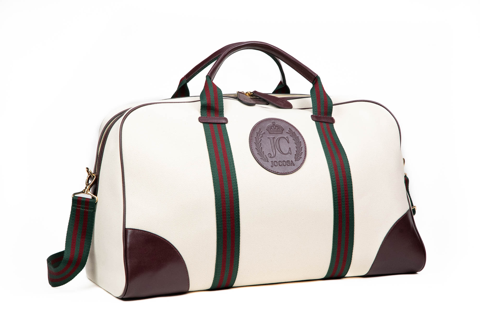 Ivory Canvas with Bordeaux Leather Trim and Green - Bordeaux Stripe Straps