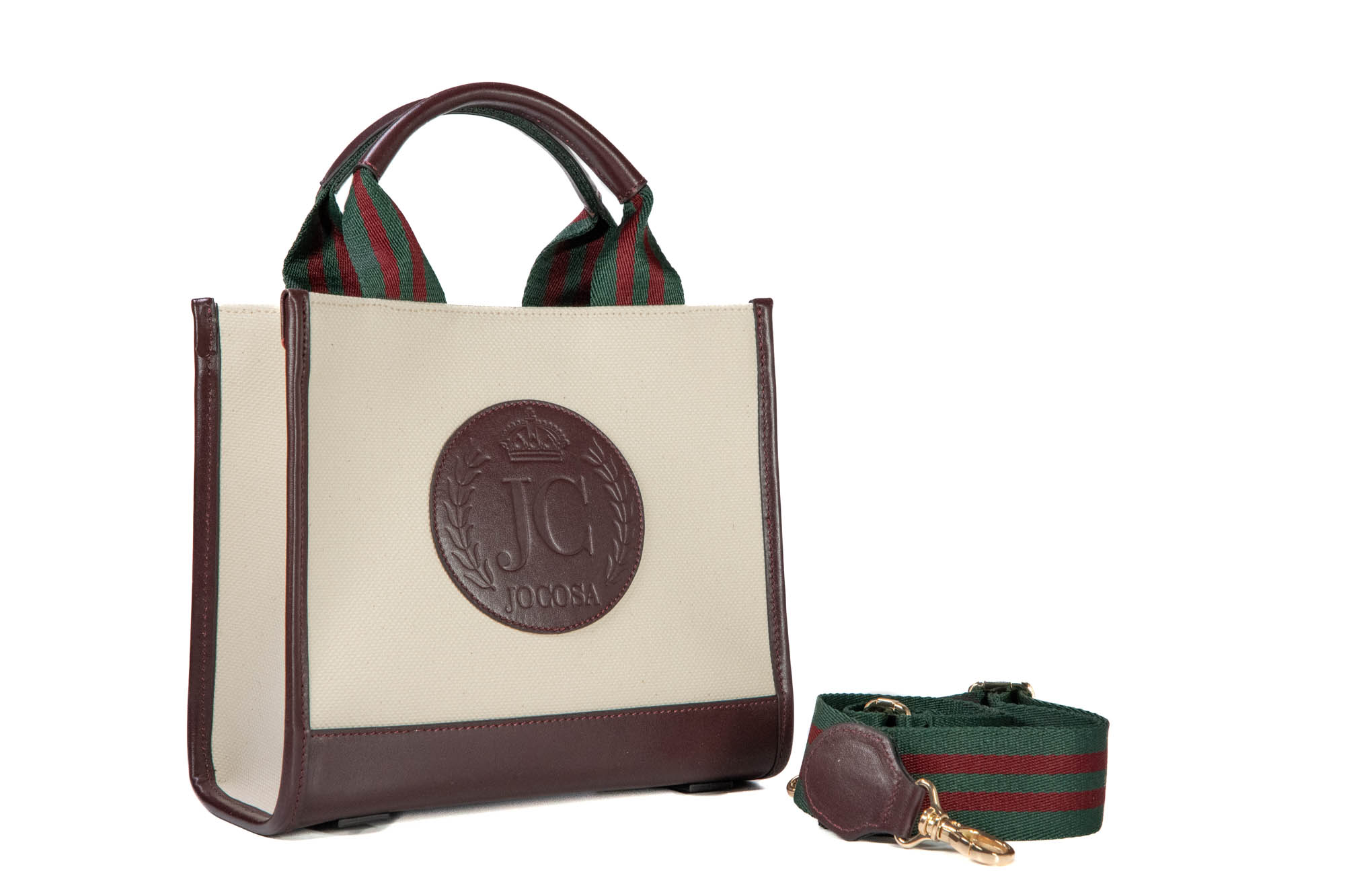 Mini Tote Bag - Ivory & Bordeaux with Green - Bordeaux Strap