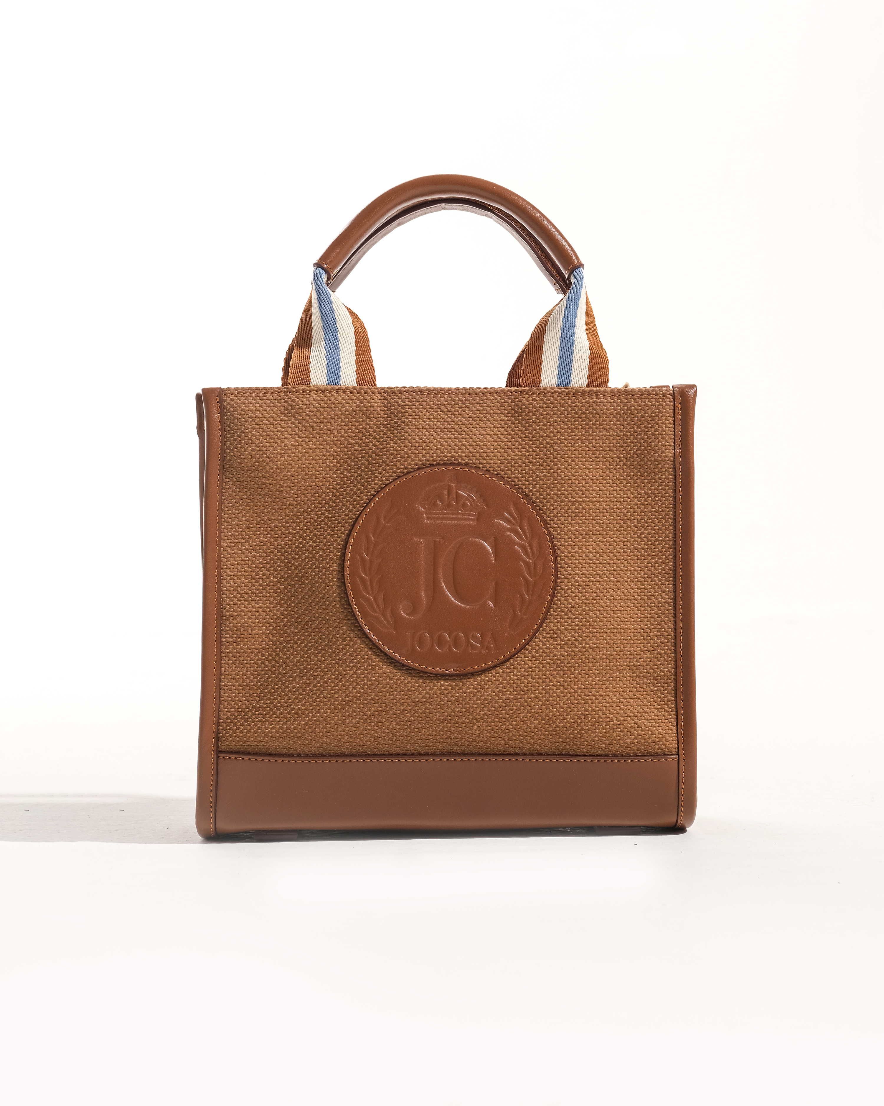 Mini Tote Bag - Camel & Camel with White - Sky Blue Strap