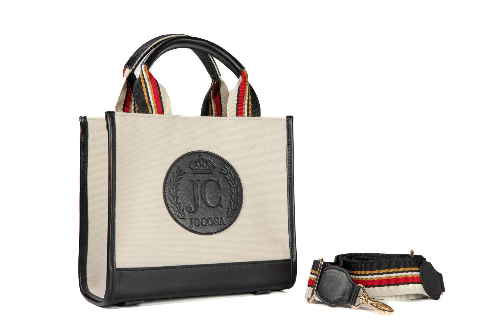 Mini Tote Bag - Ivory & Black with Black - Red Strap