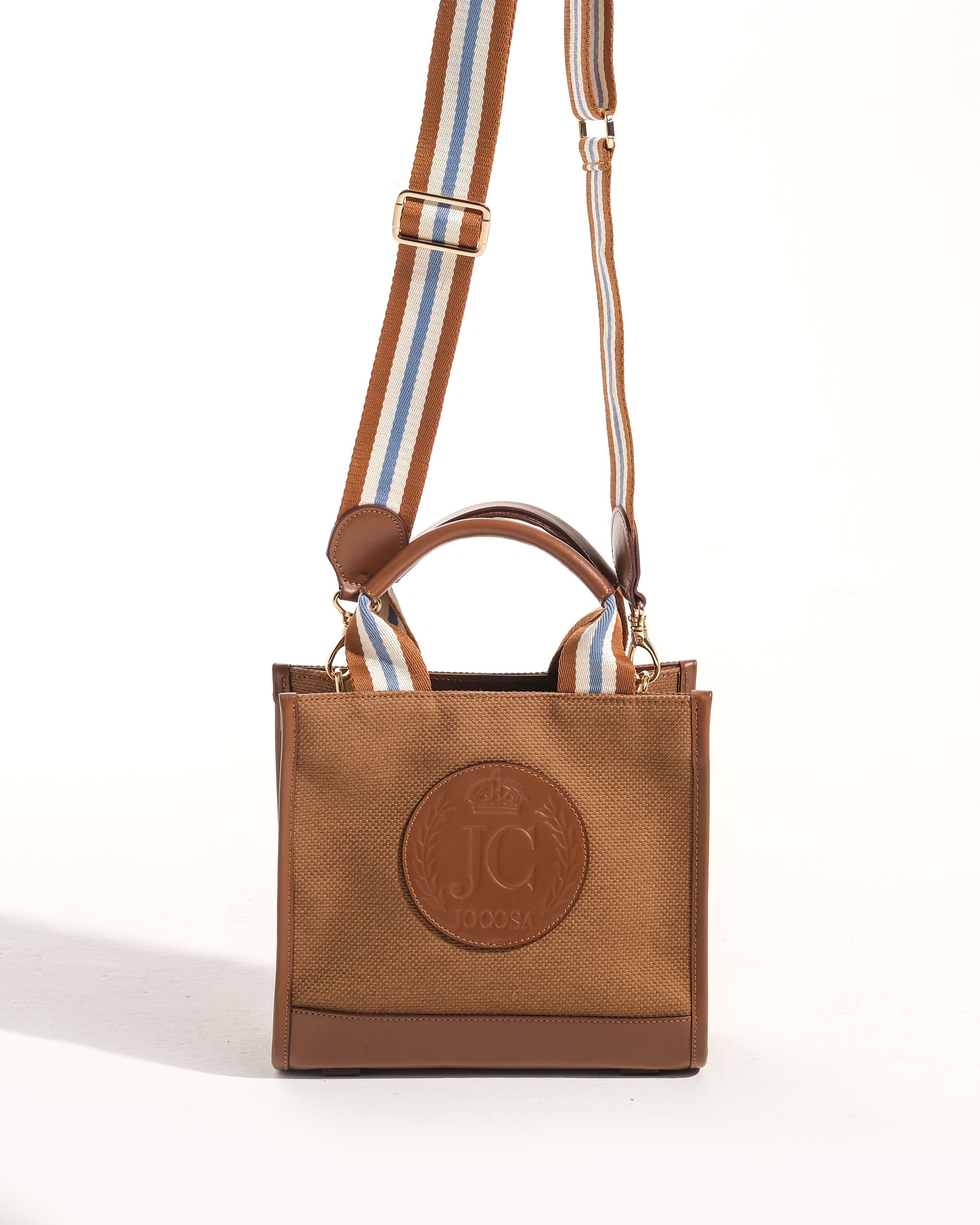 Mini Tote Bag -  Camel & Camel with White - Sky Blue Strap