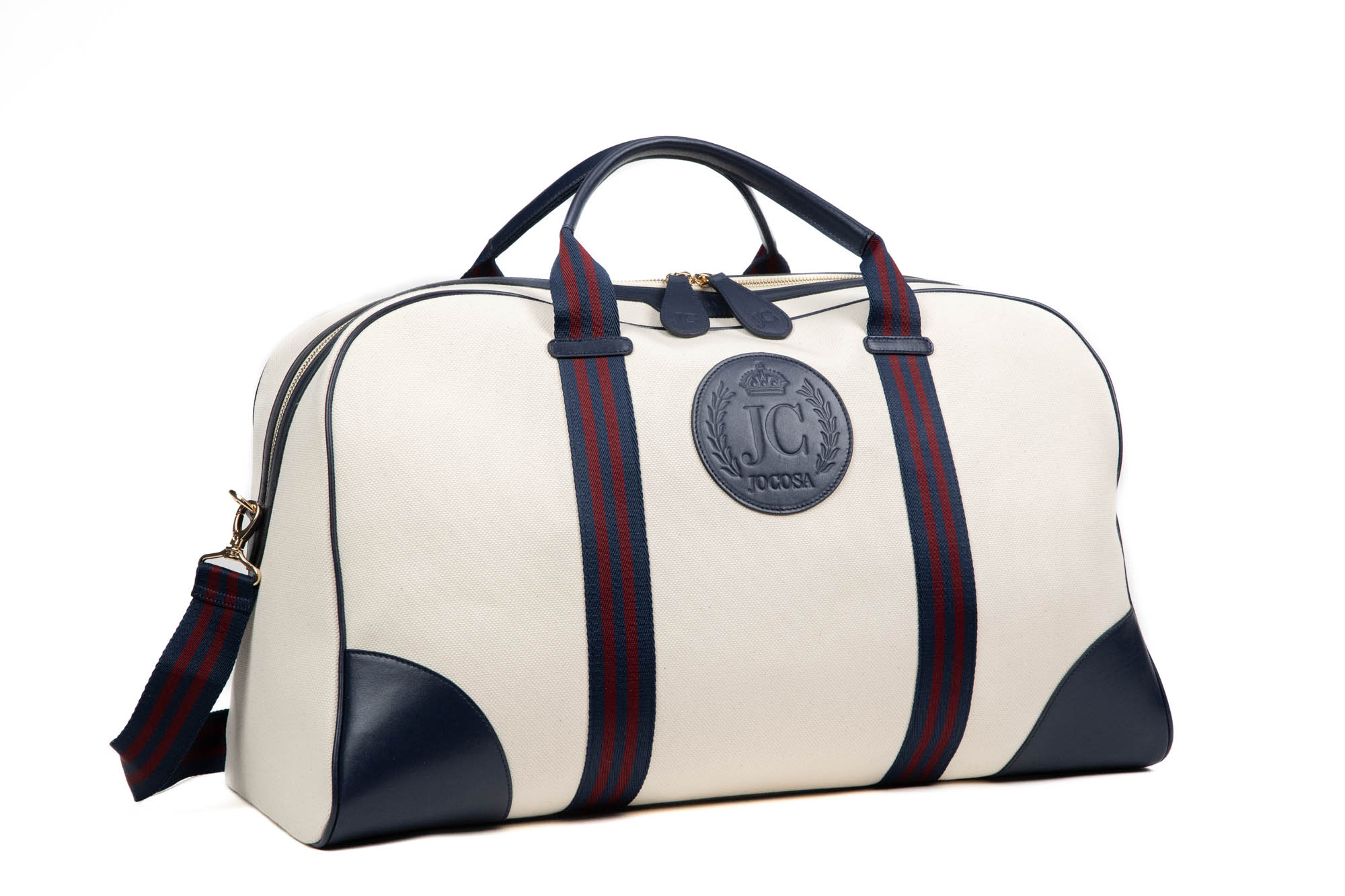 Ivory Canvas with Navy Blue Leather Trim and Navy Blue - Bordeaux Stripe Straps