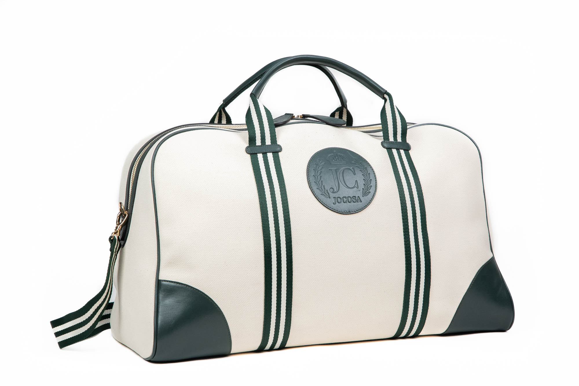 Ivory Canvas with Green Leather Trim and Green - White Stripe Straps