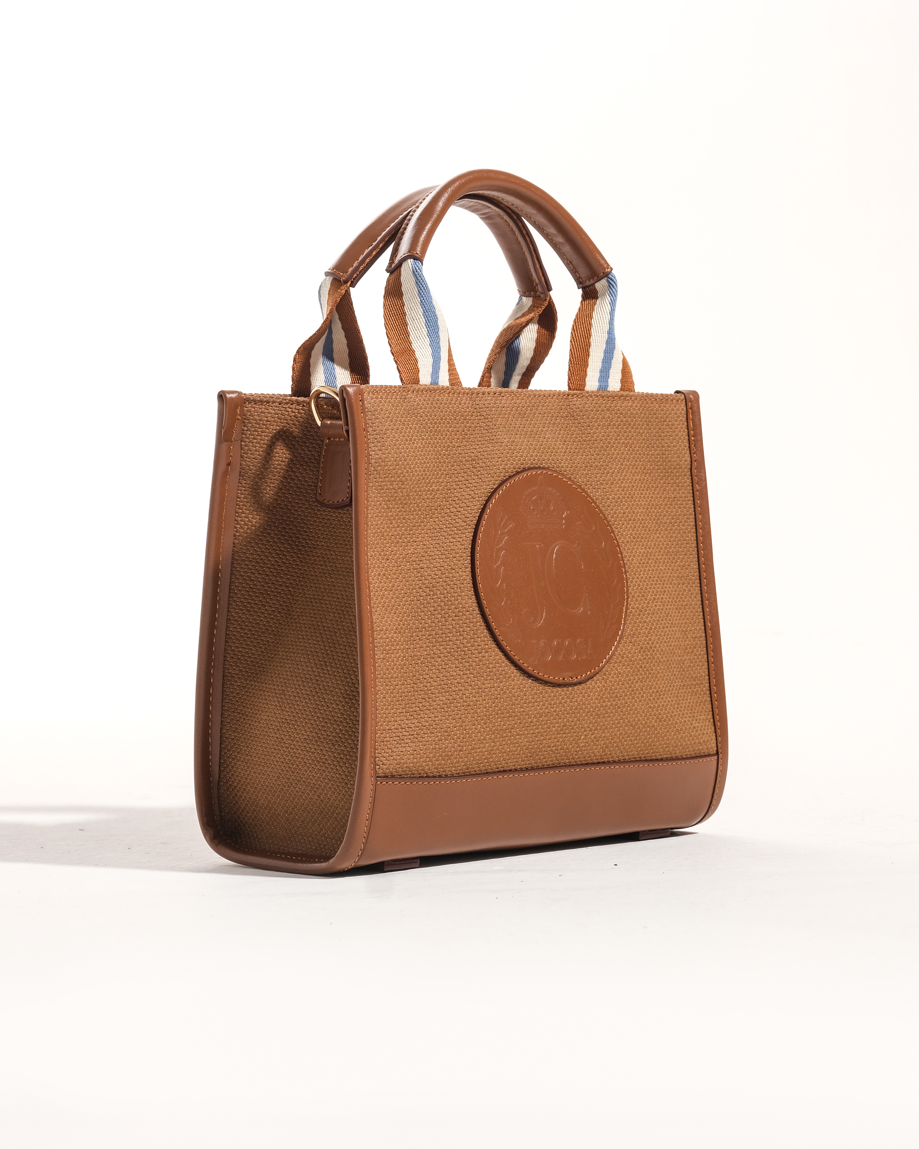 Mini Tote Bag -  Camel & Camel with White - Sky Blue Strap