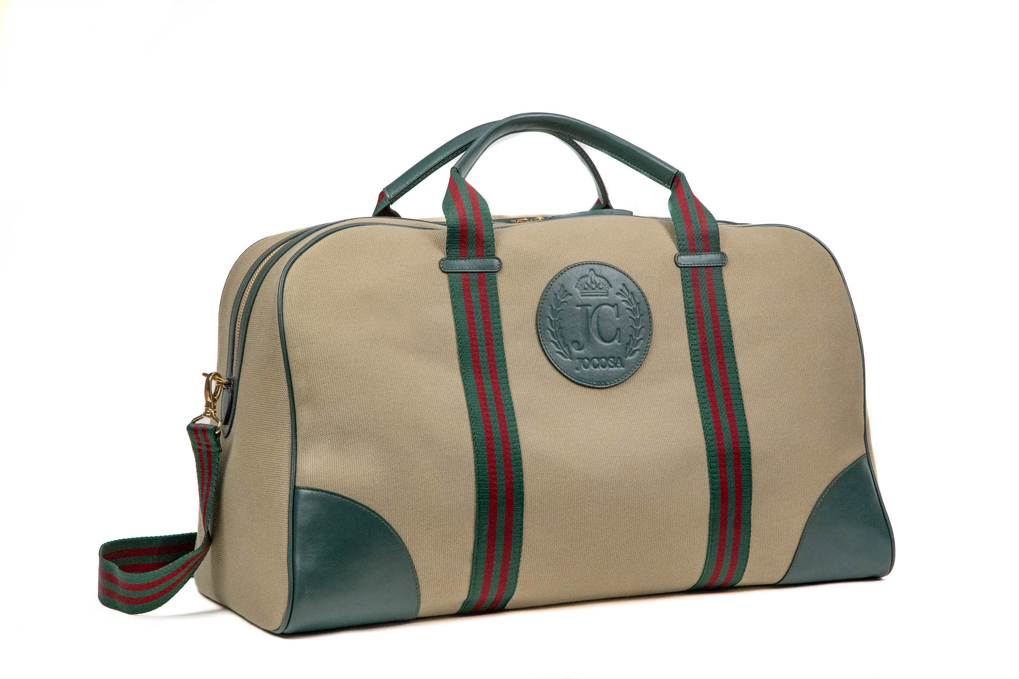 Khaki Canvas with Green Leather Trim and Green - Bordeaux Stripe Straps